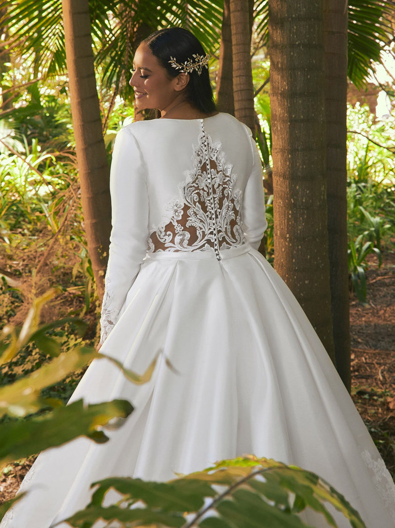 Pronovias BROWN Princess wedding dress in satin mikado with sleeves