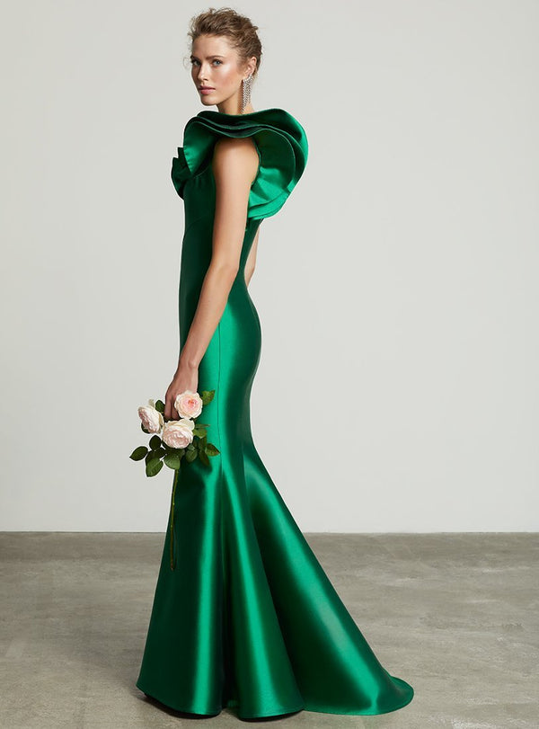 Frascara 3609 one shoulder silk wool gown mother of emerald