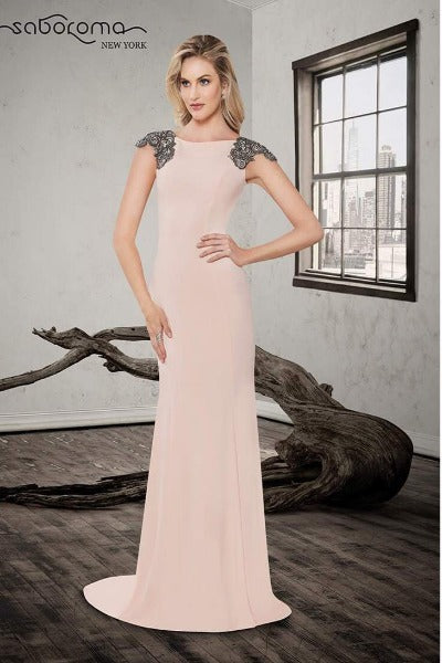 SABOROMA - 4111 BEADED PLUNGING ILLUSION V BACK LONG EVENING GOWN rose