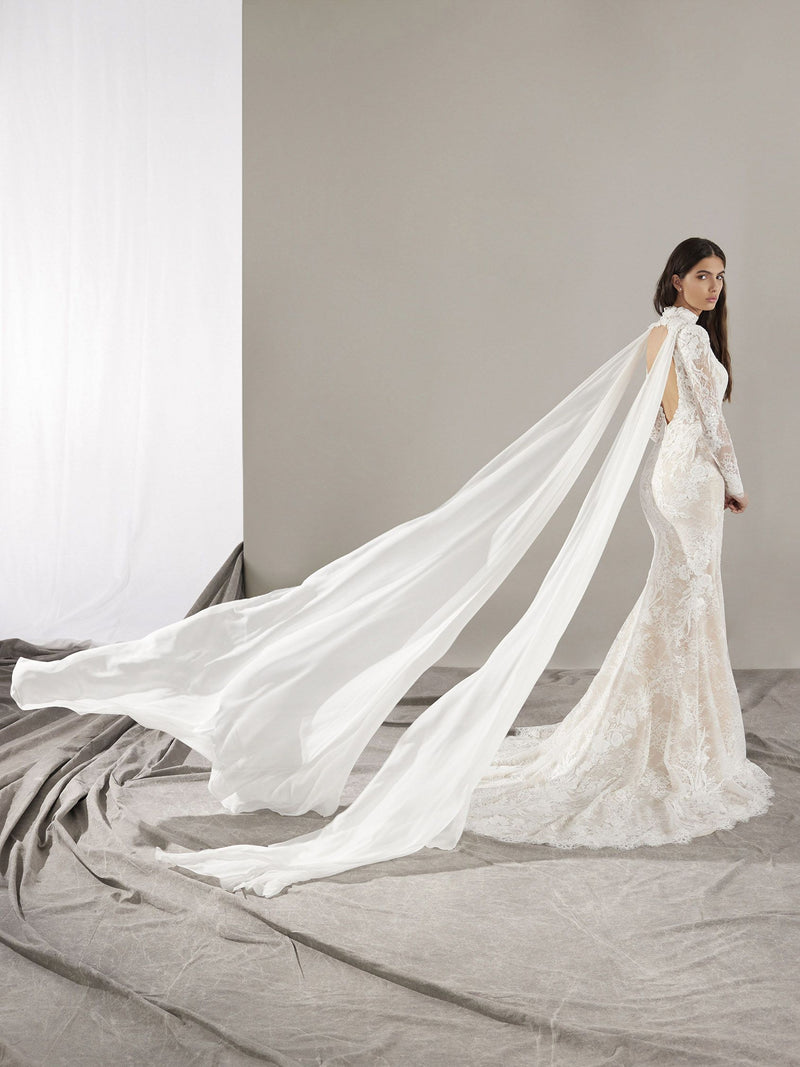 Pronovias LEITH Mermaid wedding dress with a high neck with cape