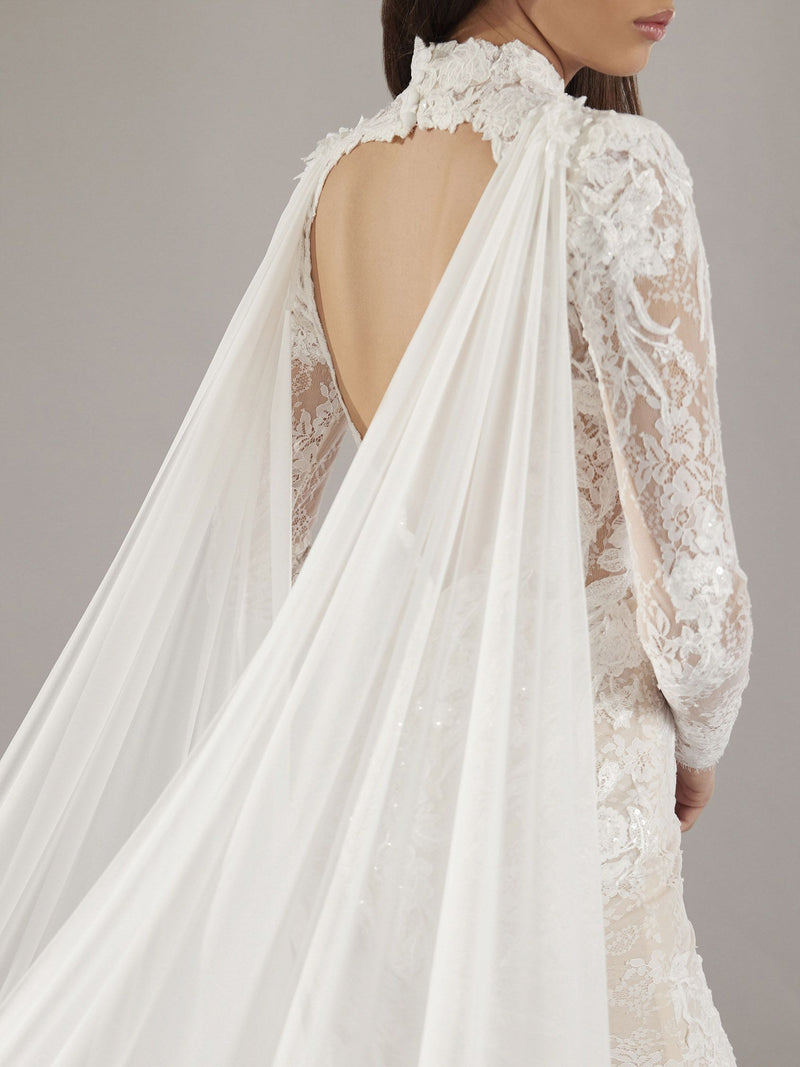 Pronovias LEITH Mermaid wedding dress with a high neck with cape