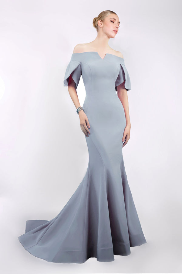 Janique Style #1941  Off-the-shoulder flutter sleeves and mermaid skirt gown