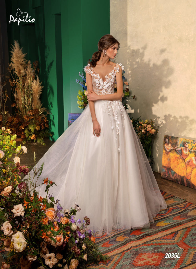 Papilio 2035L A-Line wedding dress with floral applique and cap sleeves