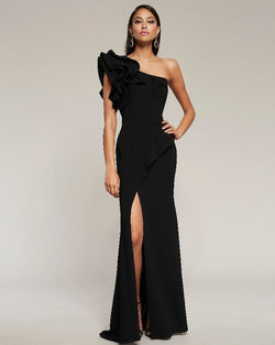 Matte Crepe One Shoulder Gown W/Ruffle Detail F4023