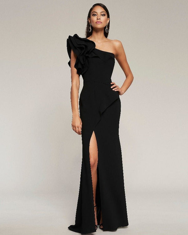 Matte Crepe One Shoulder Gown W/Ruffle Detail F4023