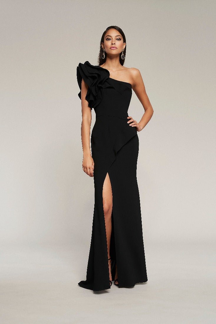 Matte Crepe One Shoulder Gown W/Ruffle Detail F4023