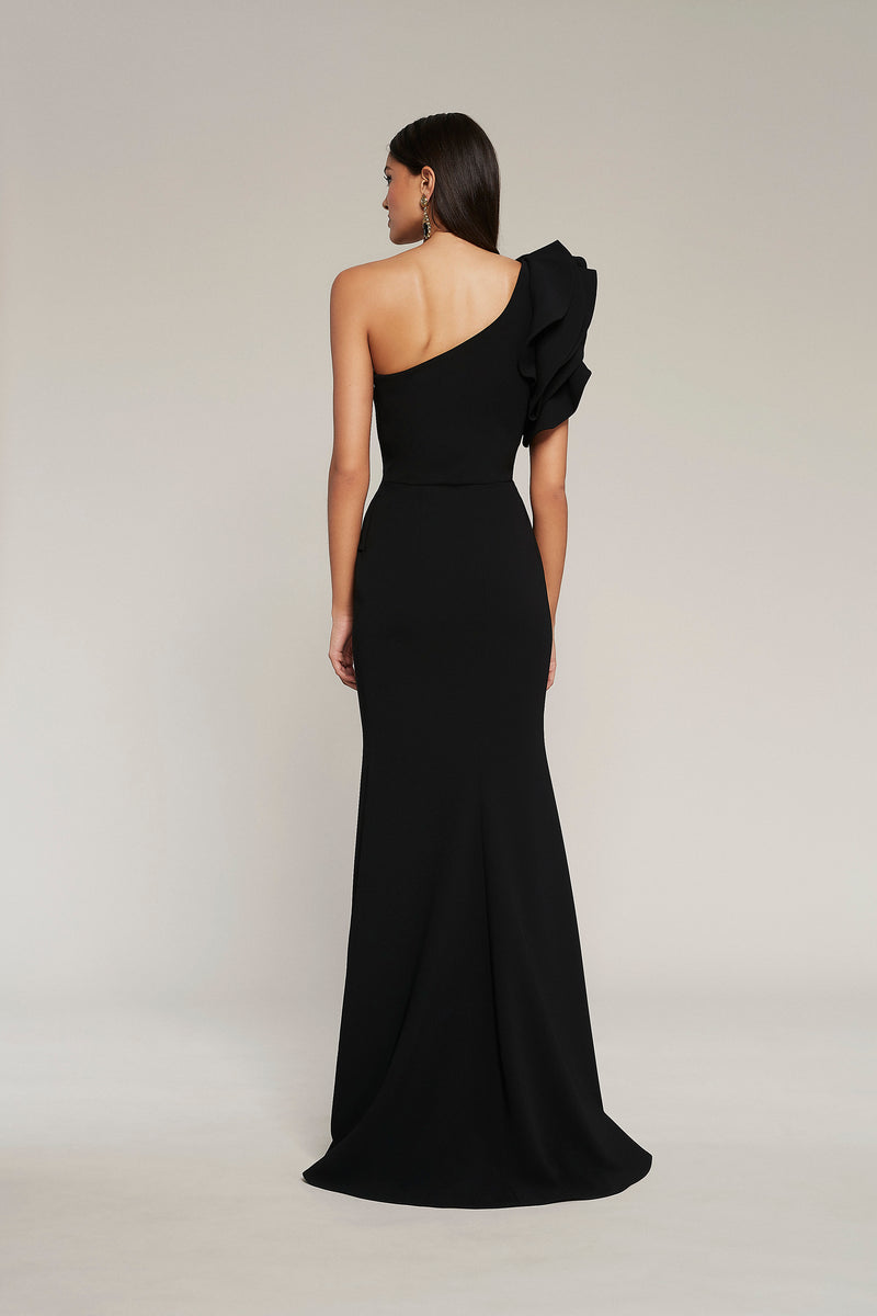 Matte Crepe One Shoulder Gown W/Ruffle Detail F4023 back