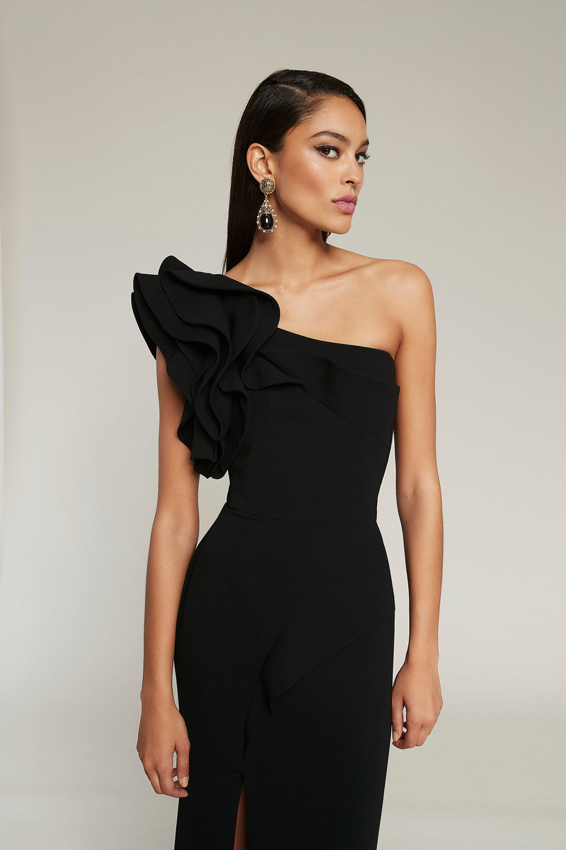 Matte Crepe One Shoulder Gown W/Ruffle Detail F4023 earring