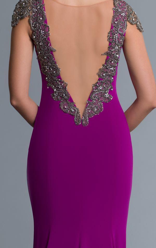 SABOROMA - 4111 BEADED PLUNGING ILLUSION V BACK LONG EVENING GOWN fuschia back