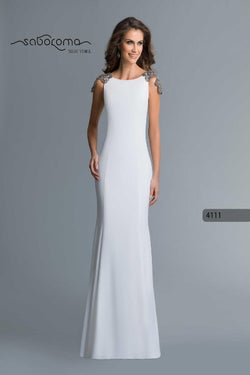 SABOROMA - 4111 BEADED PLUNGING ILLUSION V BACK LONG EVENING GOWN Ivory