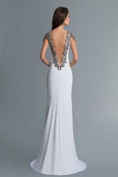 SABOROMA - 4111 BEADED PLUNGING ILLUSION V BACK LONG EVENING GOWN ivory