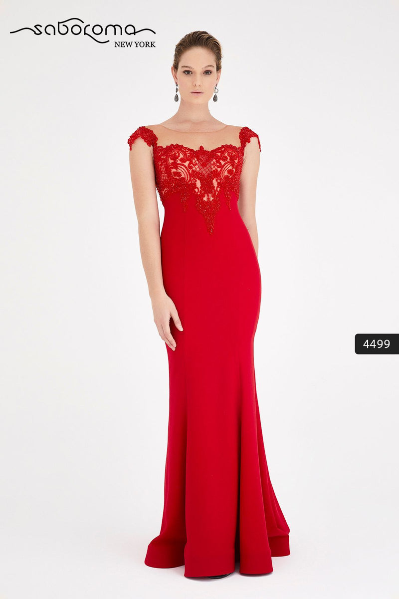 SABOROMA - 4499 CAP SLEEVE BEADED LACE ILLUSION GOWN red