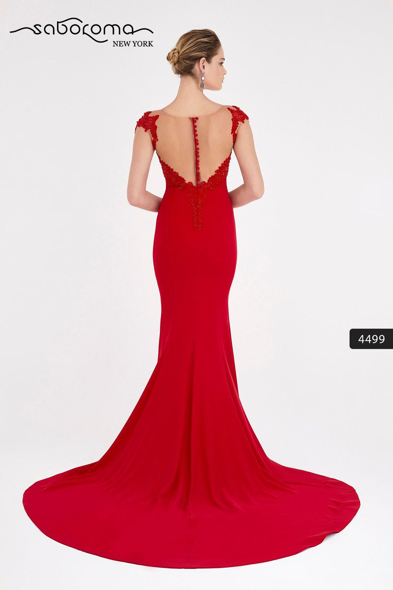SABOROMA  4499 CAP SLEEVE BEADED LACE ILLUSION GOWN red