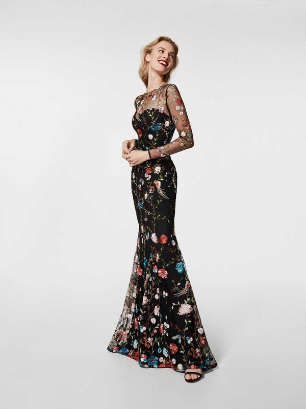 GLACHEL Multi-Color Floral Black Tulle Gown
