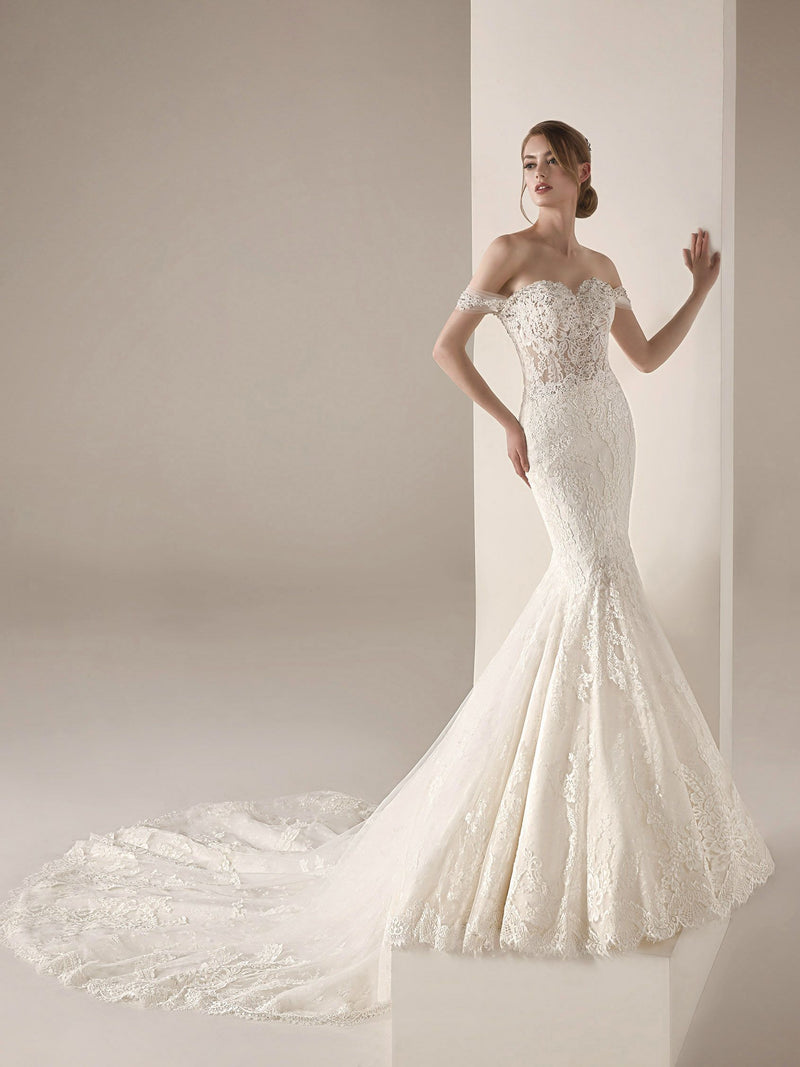 Pronovias IMELDA Off The Shoulder Sweetheart Neckline Lace Mermaid Wedding Dress modified neckline