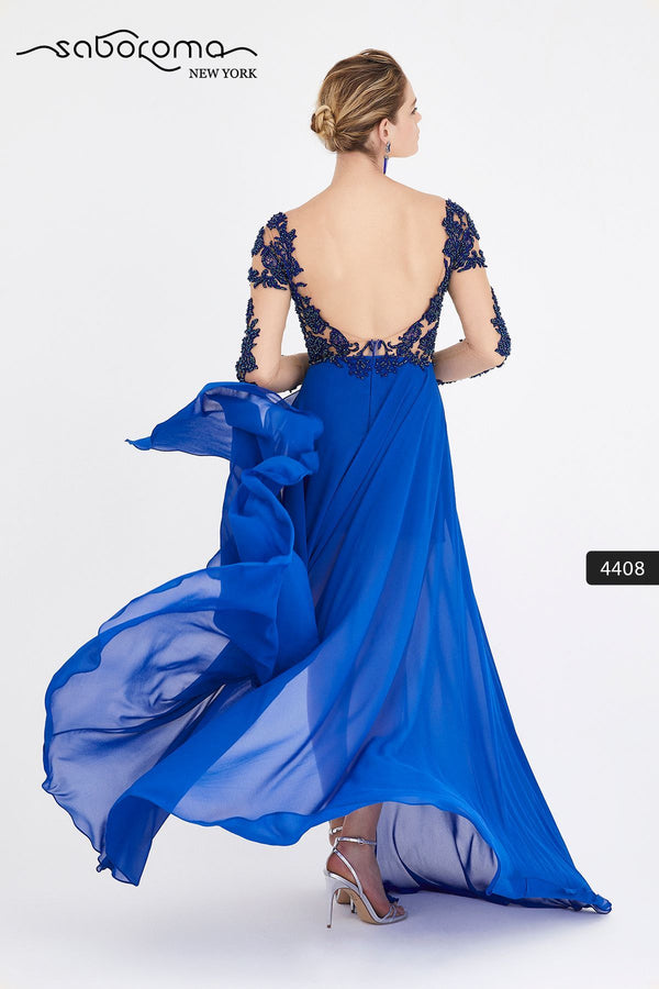 SABOROMA 4408 royal blue NUDE ILLUSION BODICE GOWN WITH OVERSKIRT back