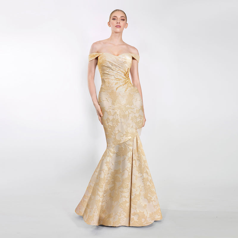 Janique 924 - Sweetheart Embellished Off Shoulder Gown gold