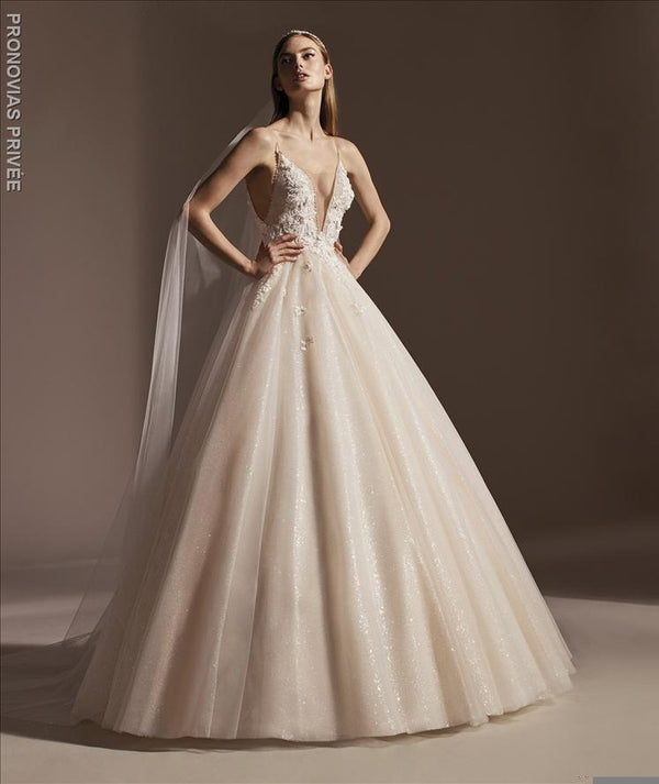 AGUSTINA Pronovias shimmering ball gown deep V-Neck 3d embroidery