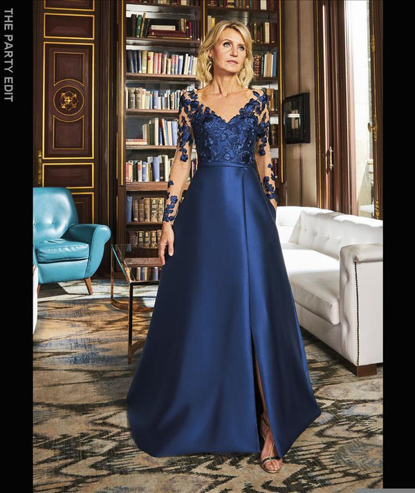 Pronovias Atol Style 113 A-line dress in Mikado with a V-neck and long sleeves