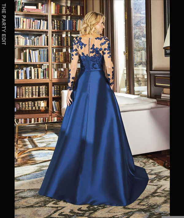 Pronovias Atol Style 113 A-line dress in Mikado with a V-neck and long sleeves back