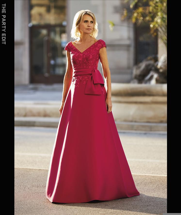 ATOL STYLE 115 A-Line gown in Mikado with off-the-shoulder sleeves red