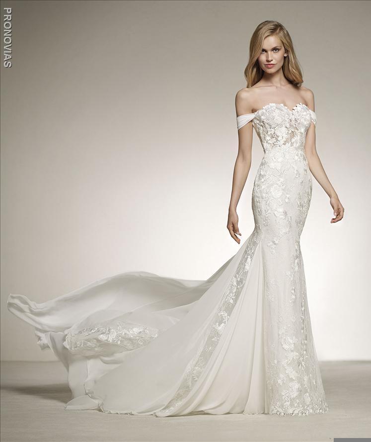 Pronovias Davinia Mermaid Off The Shoulder Wedding Dress chantilly lace