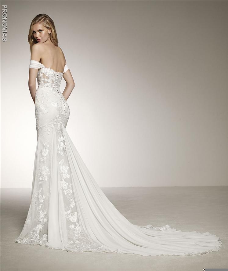 Pronovias Davinia Mermaid Off The Shoulder Wedding Dress chantilly lace open back