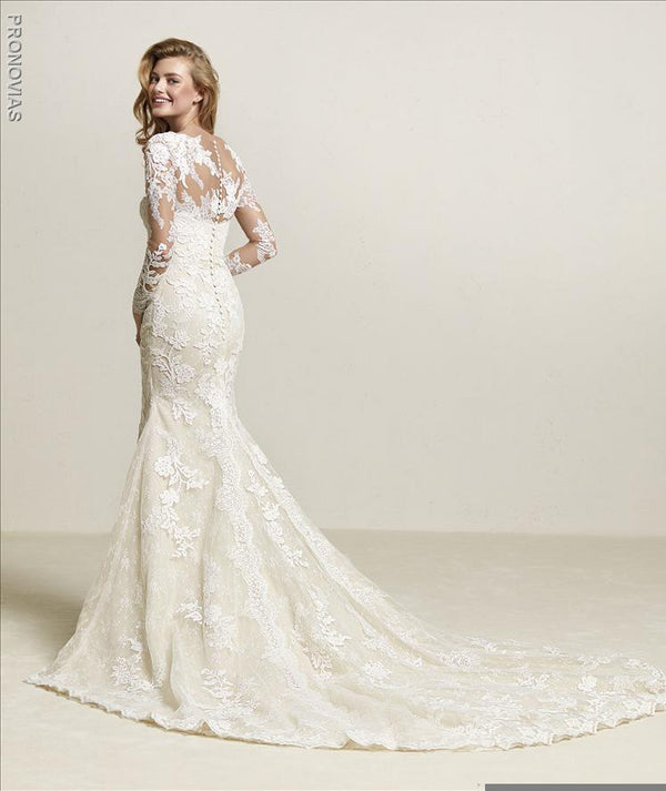 pronovias-driate-lace-embroidered-mermaid-wedding-dress-with-slit sample sale