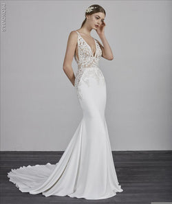 DEEP V-NECK SLEEVELESS BEADED LACE BODICE FIT AND FLARE WEDDING DRESS