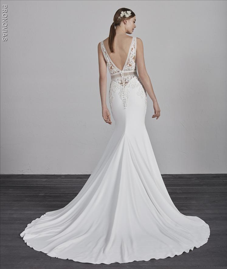 DEEP V-NECK SLEEVELESS BEADED LACE BODICE FIT AND FLARE WEDDING DRESS v-back