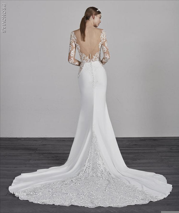 Pronovias Enelsa deep v-Neck wedding gown long sleeves
