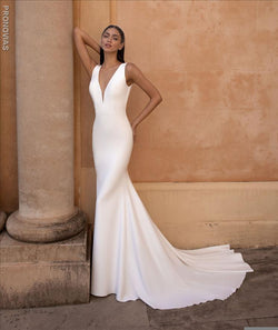 v neck wedding dresses Elegant Satin A-line V-neck Sweep Train Dresses, Bridal Gown, MW621 Dramatic High Slit Pronovias Eureka V-neck Wedding Dress