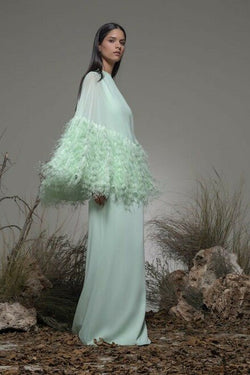 Isabel Sanchis BELLANTE FEATHER CAPE GOWN Dress Mint