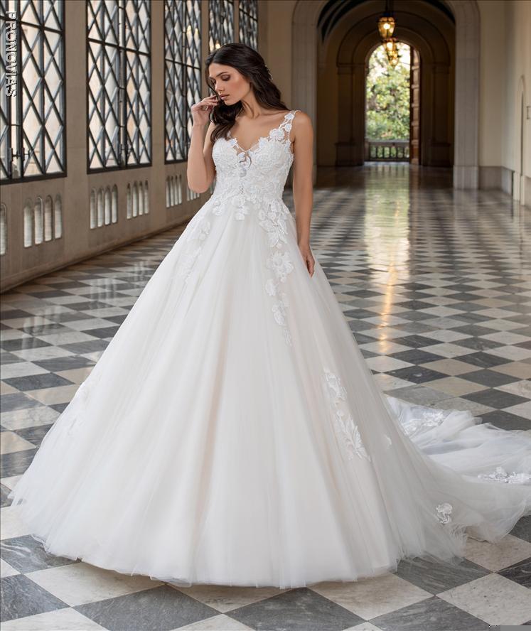 v neck princess wedding dress A-line Princess V Neck Tulle Sweep Train Wedding Dress with Appliques Lace S3070W - Wedding Dresses