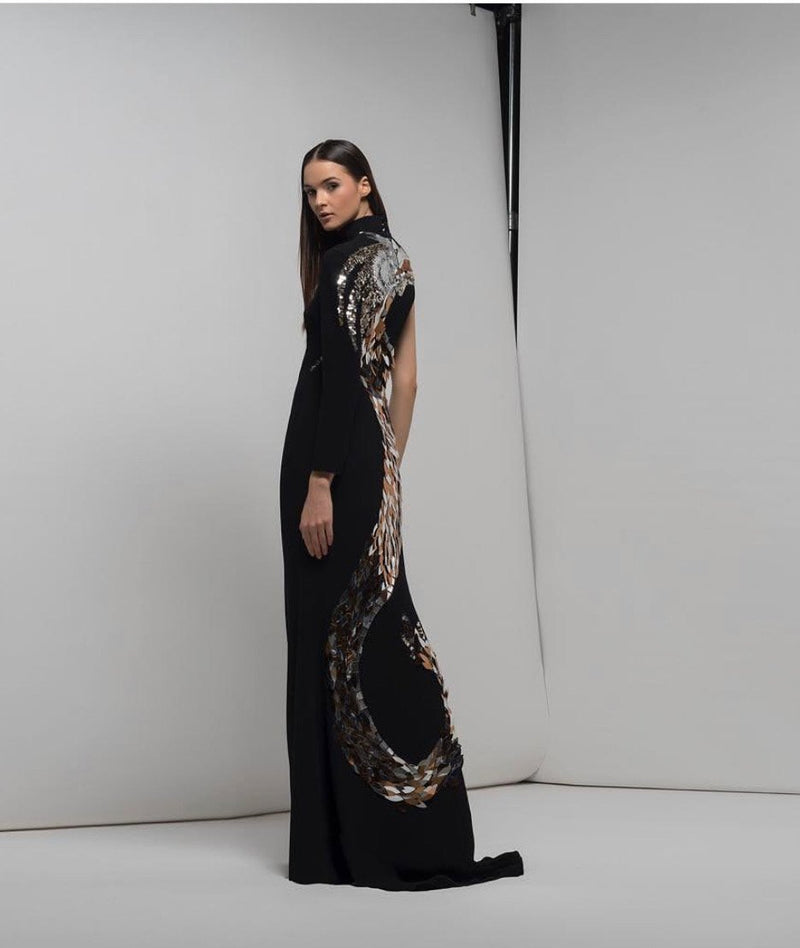 Isabel Sanchis Four  129 Long black dress with gold dragon 