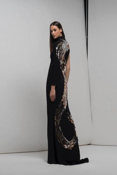 Isabel Sanchis Four 129 Long black dress with gold dragon