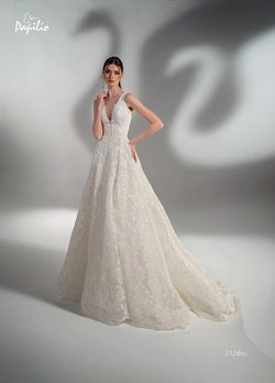 Papilio 2128L Sparkly lace ball gown wedding dress with V-neck