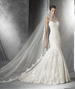 Pronovias Pladie Illusion neckline mermaid trumpet wedding dress with lace