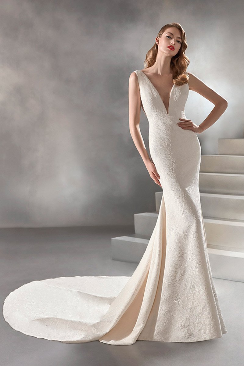 DEEP V-NECK JOSEPHINE BROCADE WEDDING DRESS