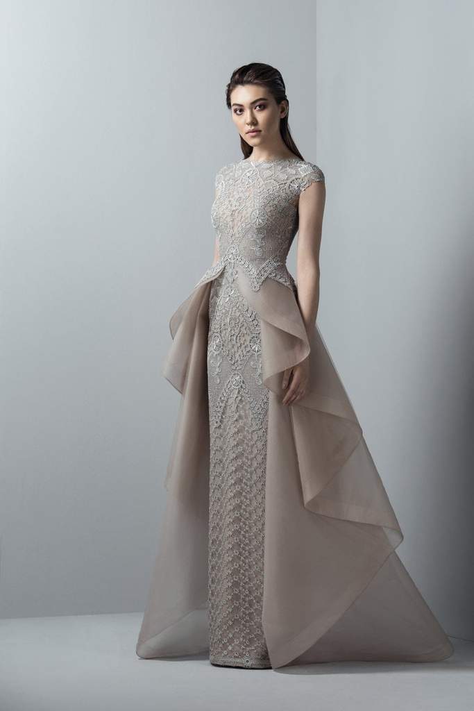 SAIID KOBEISY RE3375 LACE ILLUSION BATEAU DRESS WITH OVERSKIRT 40 / Ivory SAIID KOBEISY RE3375 LACE ILLUSION BATEAU DRESS WITH OVERSKIRT 40 / Ivory