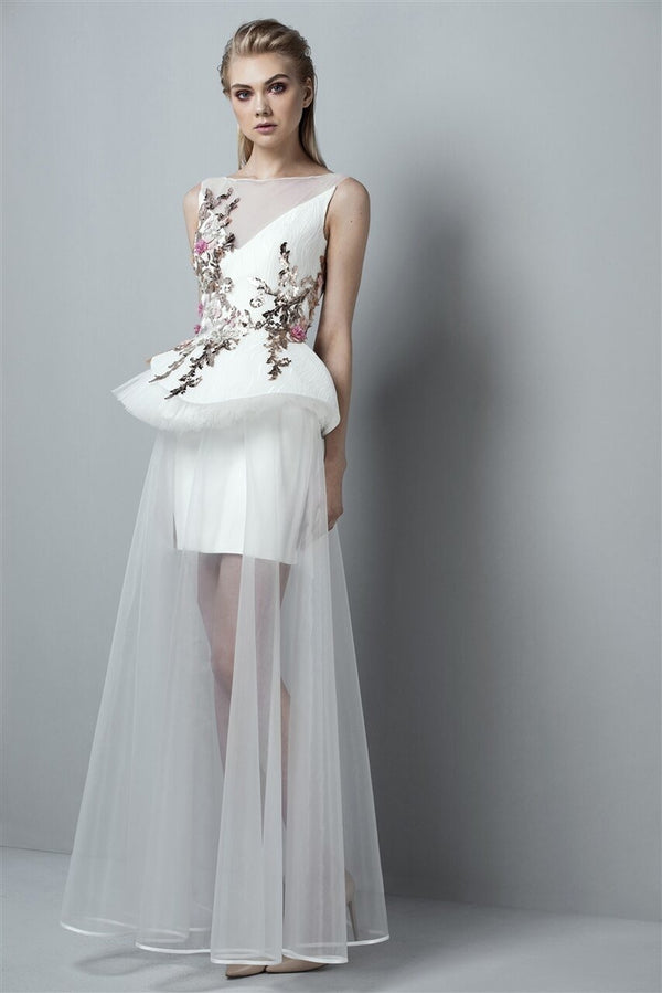 SAIID KOBEISY RE3352 Asymmetric peplum sleeveless sweetheart short skirt illusion A-line dress