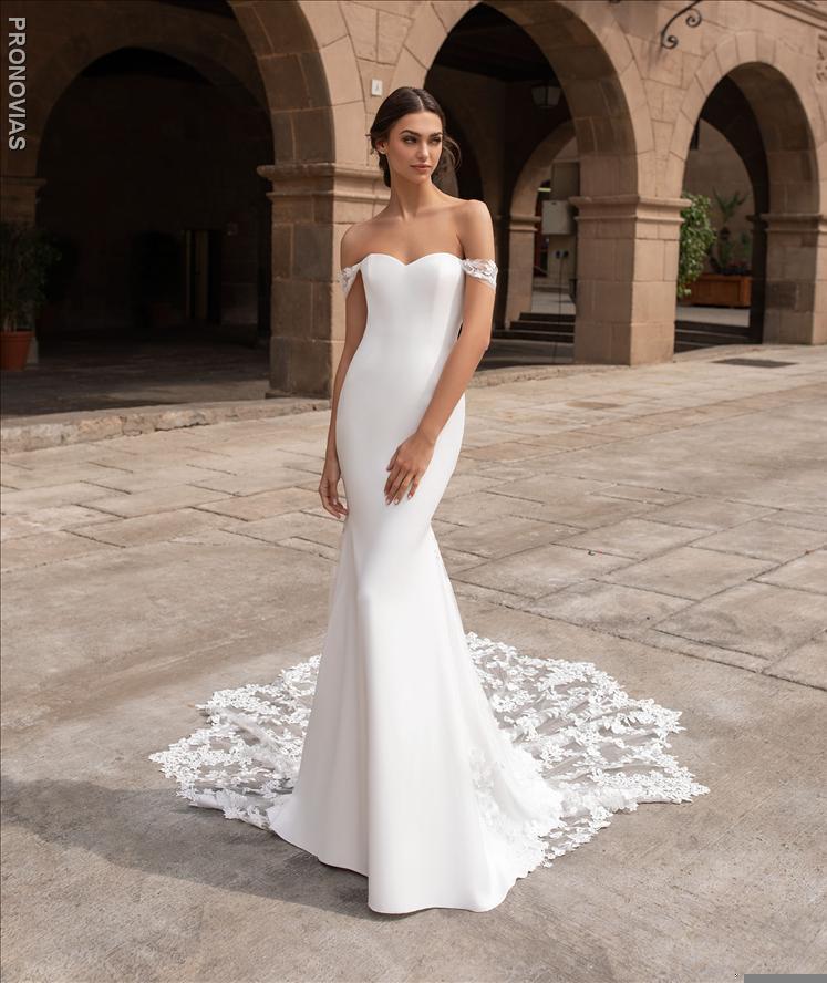 Syrinx Off the Shoulder Lace Trim Crepe Trumpet Wedding Dress