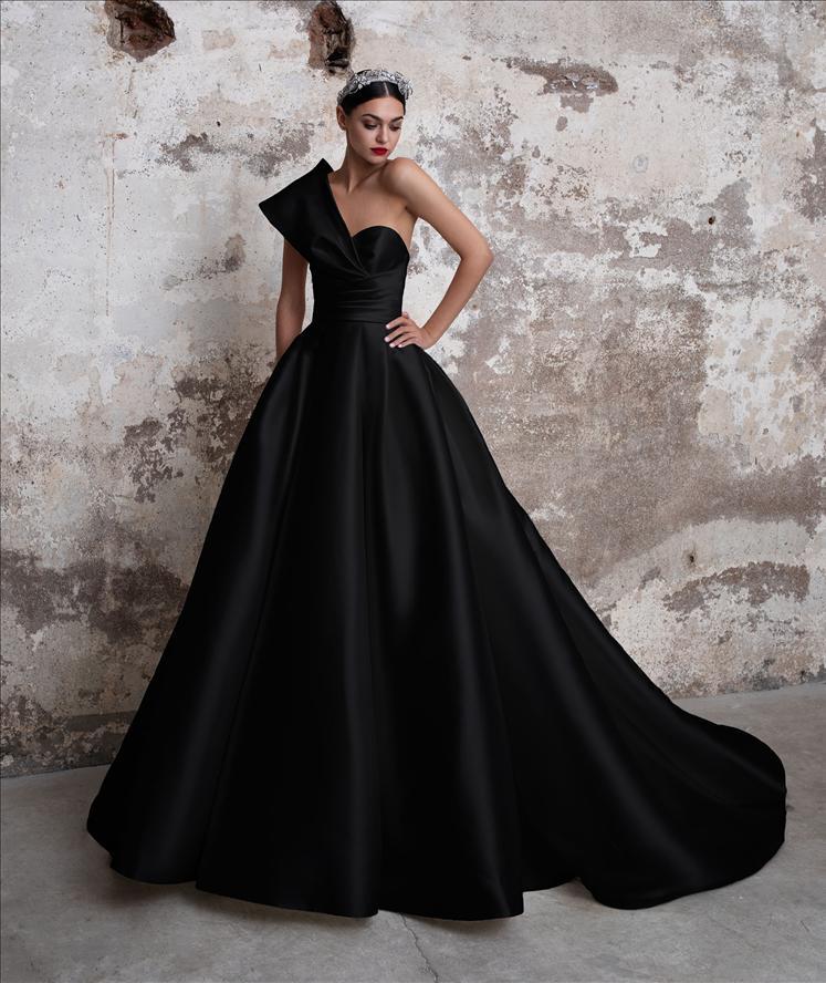 Pronovias Toutmaline Black Wedding gown grey dress with princess cut  asymmetrical neckline and cap sleeves