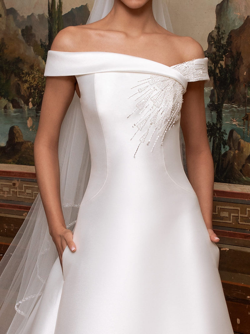 Pronovias Tucana A-line Gown Royal Satin Mikado Sparkling Embroidery