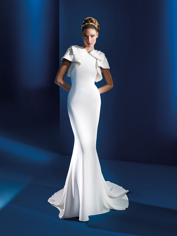 Mermaid crepe wedding dress with bateau neckline