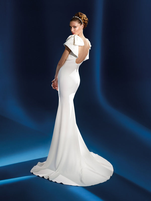 Mermaid crepe wedding dress with bateau neckline open back