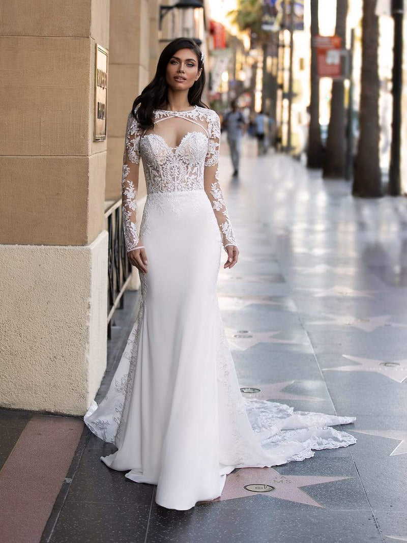 Pronovias Monroe Mermaid wedding dress sweetheart neckline long sleeves in crepe