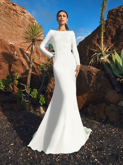 PRONOVIAS PLITVICE Mermaid crepe wedding dress with long sleeves and bateau neckline