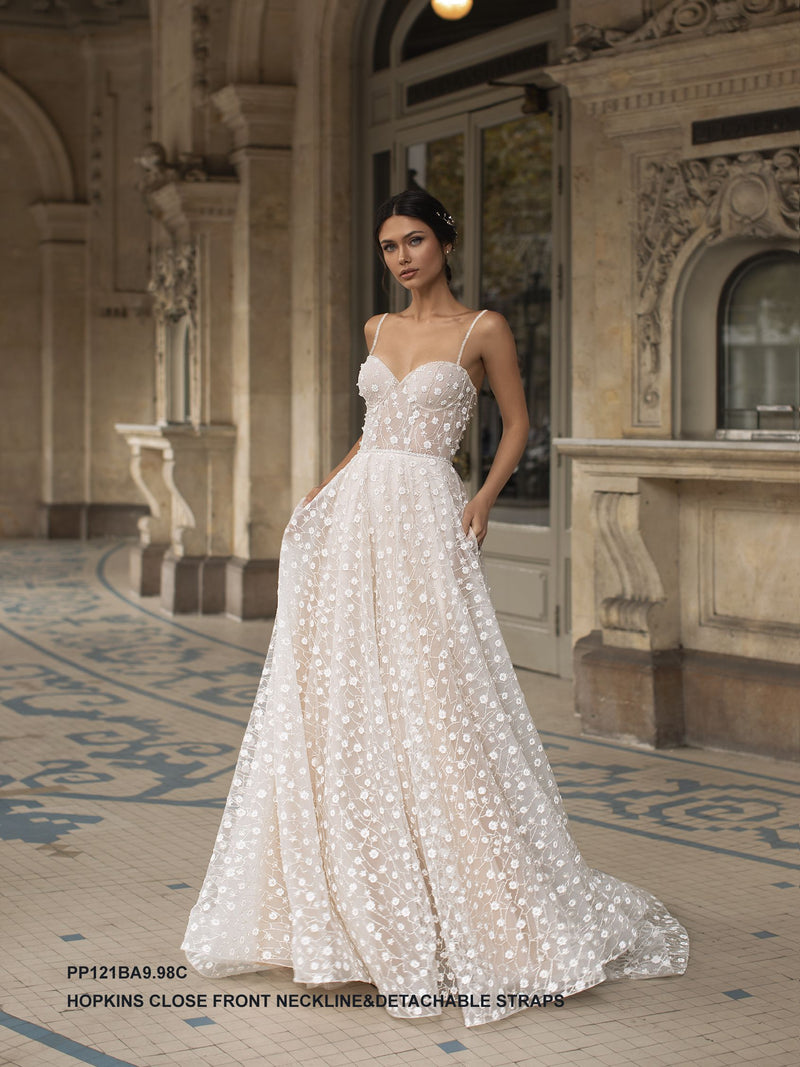 Pronovias Hopkins Flared wedding dress with sweetheart neckline and open back
