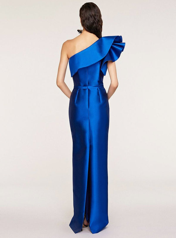 Frascara 4211 one shoulder silk wool gown mother of bride sapphire back